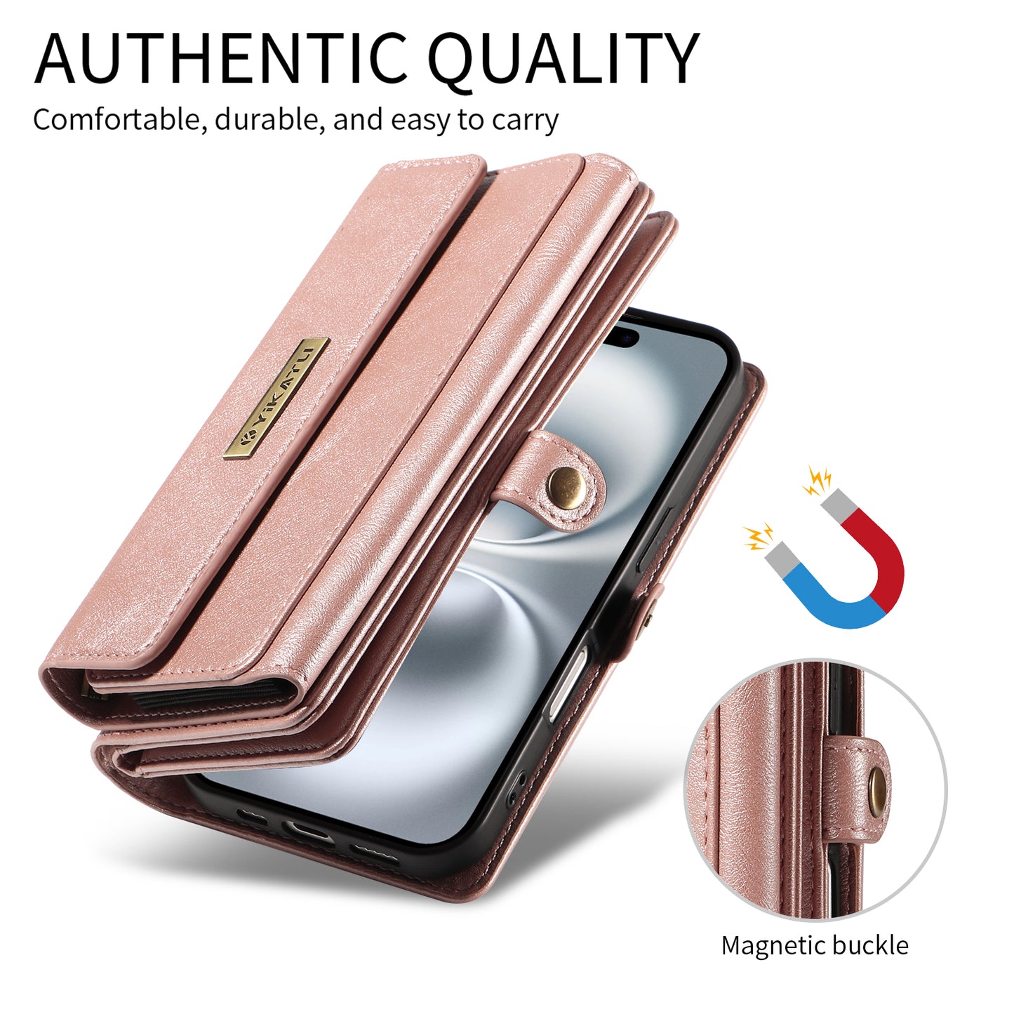 For iPhone 17 Pro Max Case YIKATU YK-008 Zipper Wallet Leather Phone Cover with Shoulder Strap - Rose Gold