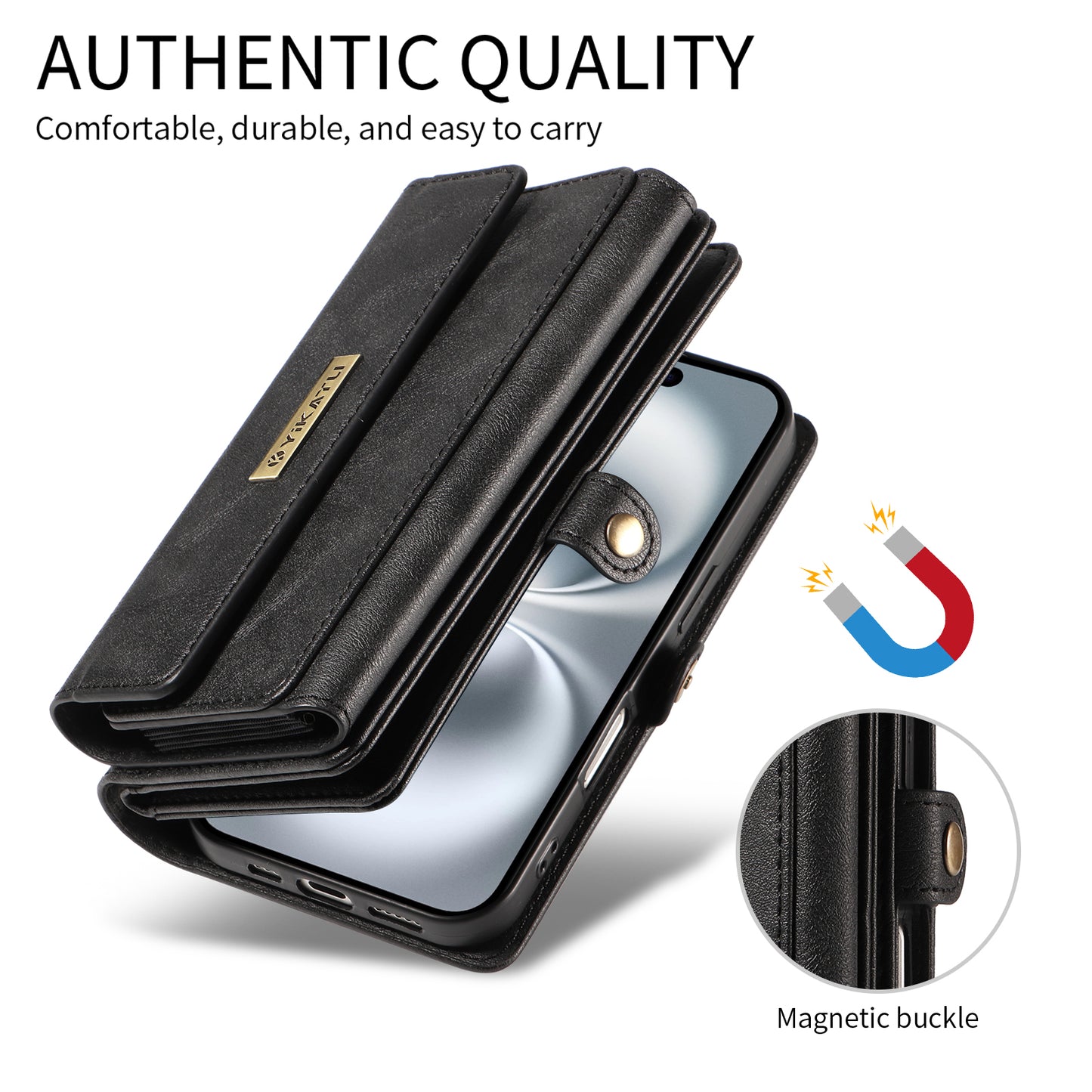 For iPhone 17 Pro Max Case YIKATU YK-008 Zipper Wallet Leather Phone Cover with Shoulder Strap - Black