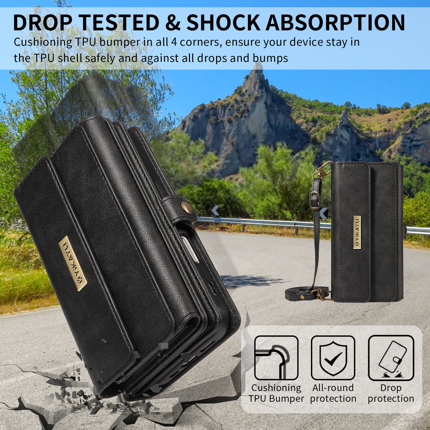 For iPhone 17 Pro Max Case YIKATU YK-008 Zipper Wallet Leather Phone Cover with Shoulder Strap - Black