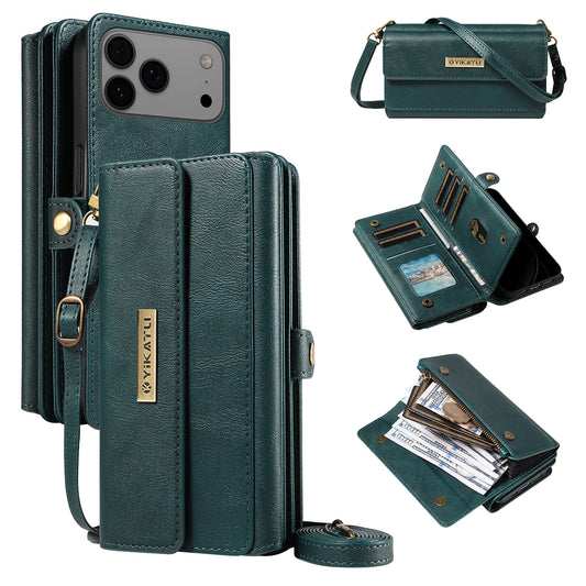 For iPhone 17 Pro Max Case YIKATU YK-008 Zipper Wallet Leather Phone Cover with Shoulder Strap - Green