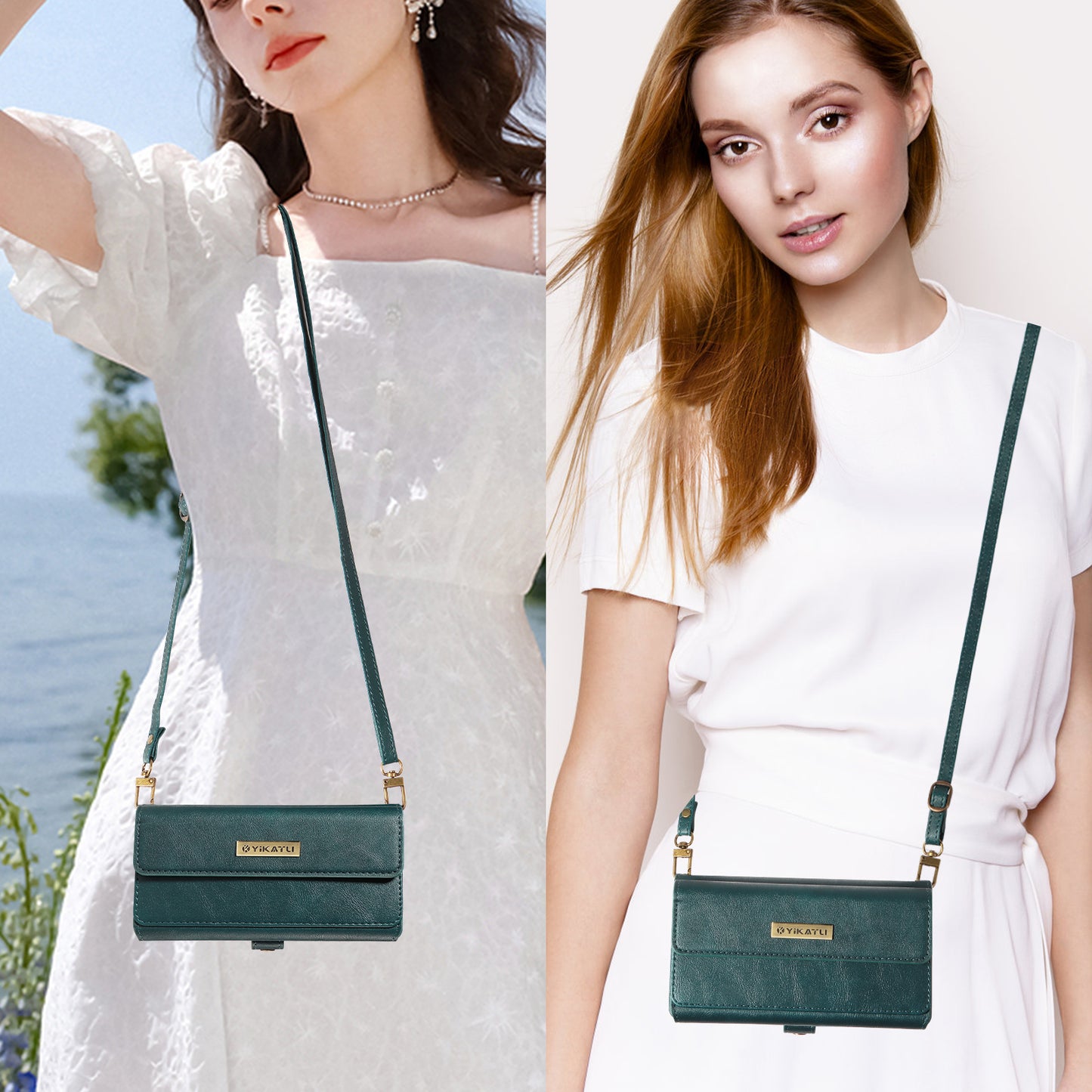 For iPhone 17 Pro Max Case YIKATU YK-008 Zipper Wallet Leather Phone Cover with Shoulder Strap - Green