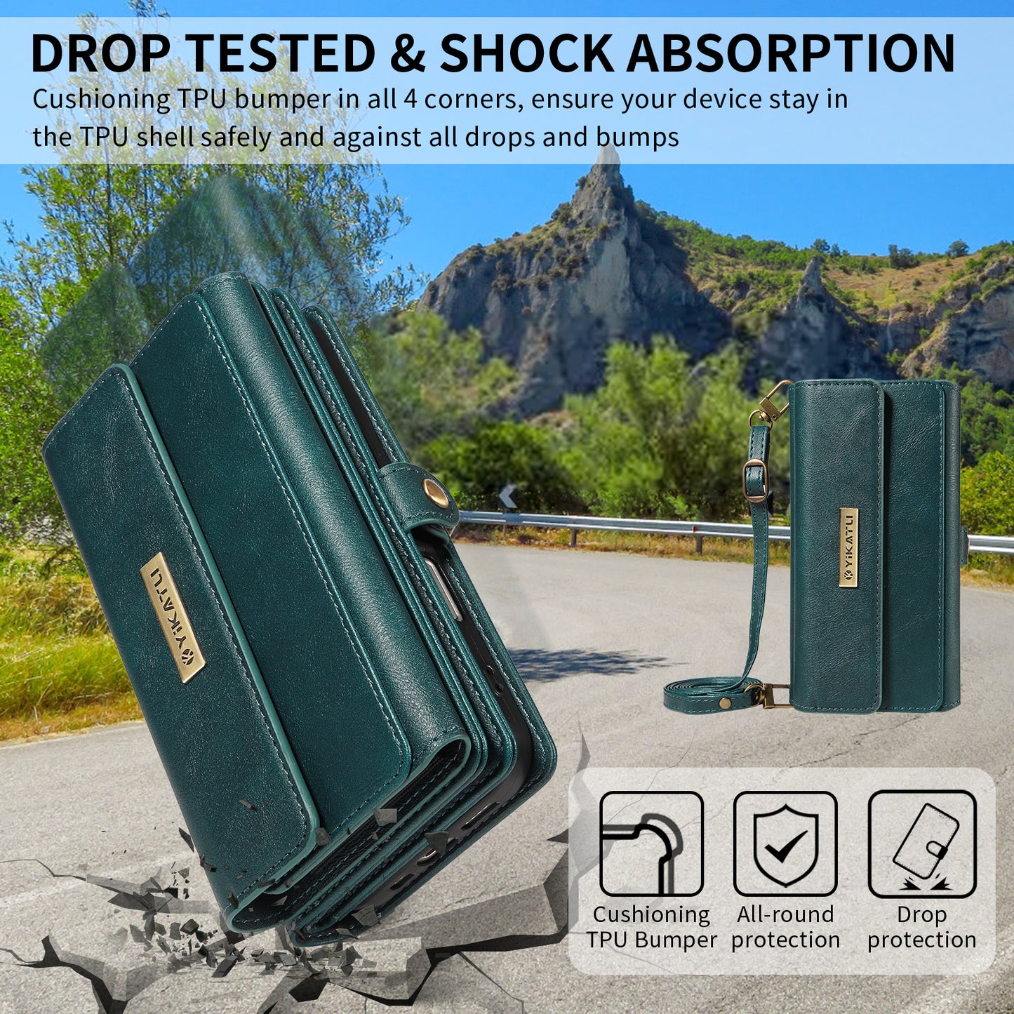 For iPhone 17 Pro Max Case YIKATU YK-008 Zipper Wallet Leather Phone Cover with Shoulder Strap - Green