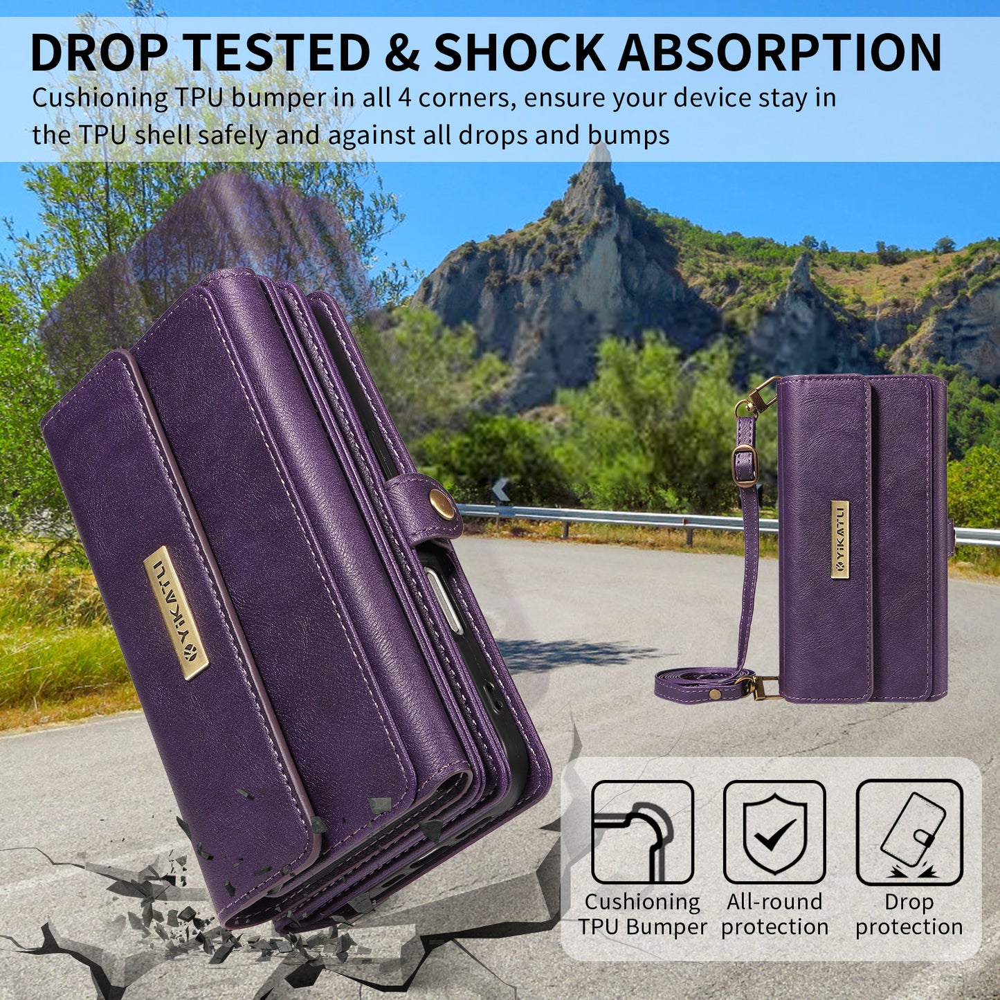 For iPhone 17 Pro Max Case YIKATU YK-008 Zipper Wallet Leather Phone Cover with Shoulder Strap - Purple