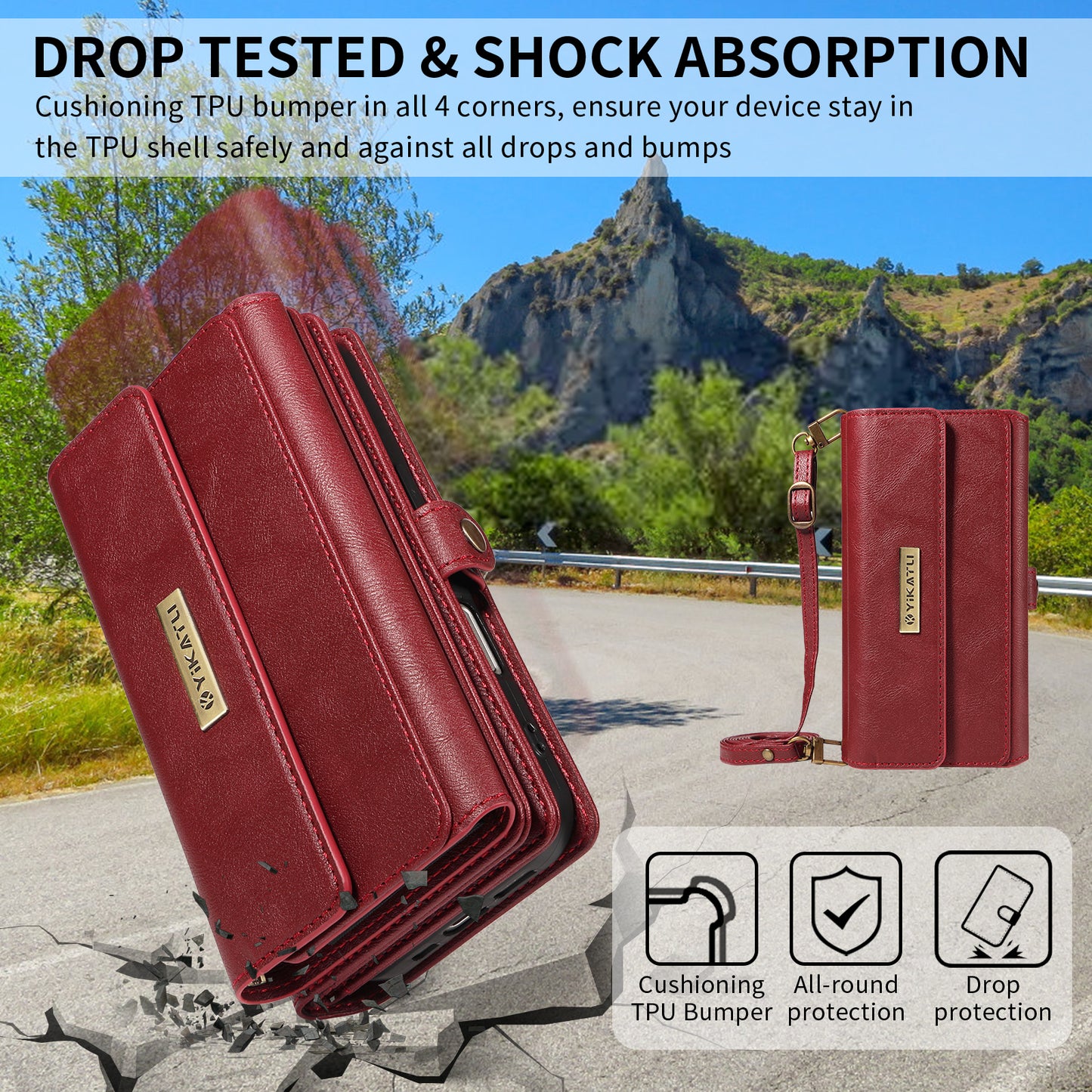 For iPhone 17 Pro Max Case YIKATU YK-008 Zipper Wallet Leather Phone Cover with Shoulder Strap - Red