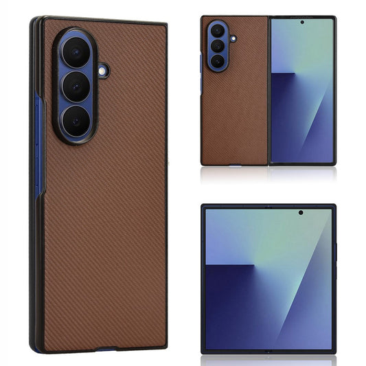 For Samsung Galaxy Z Fold7 5G Case Carbon Fiber Texture Shockproof PU + PC Phone Cover - Brown