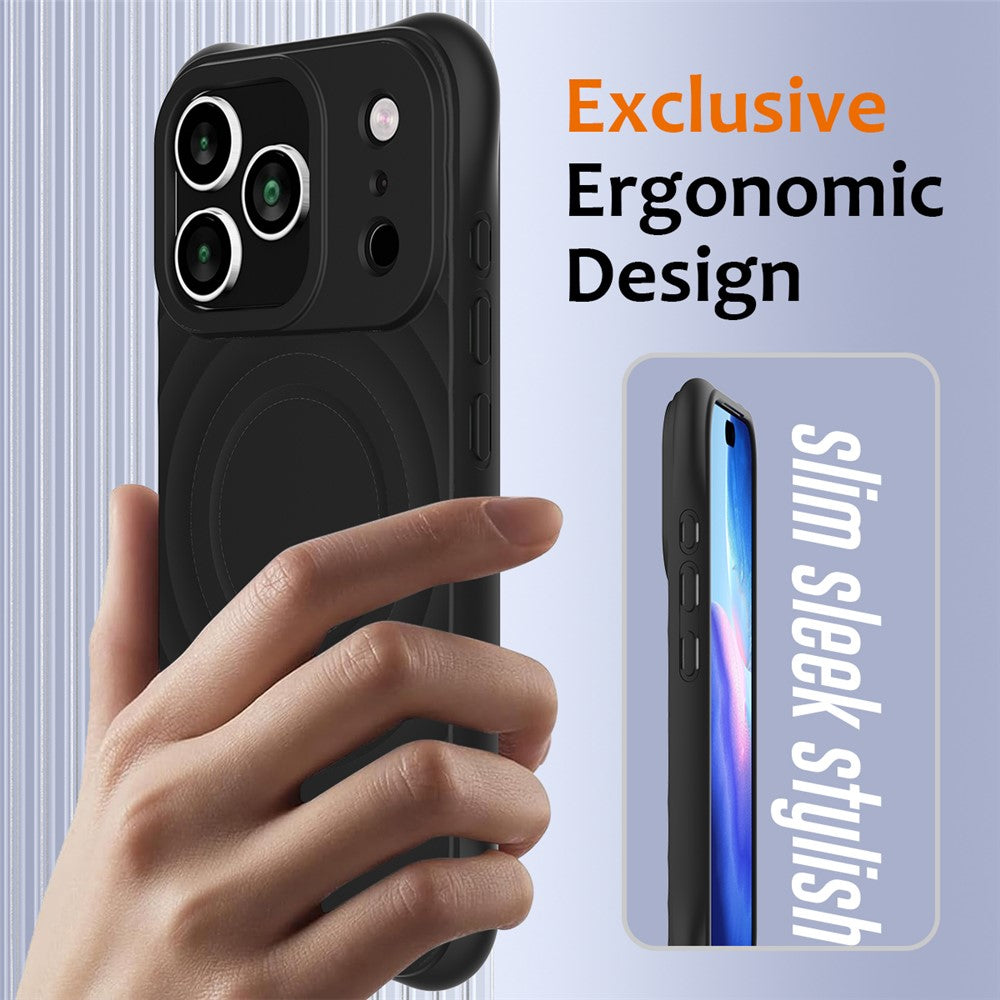 For iPhone 17 Pro Max Case Compatible with MagSafe Ripple Texture Liquid Silicone Protective Cover with Strap - Black