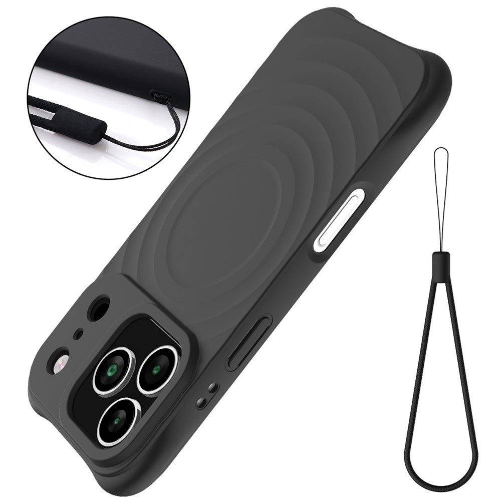 For iPhone 17 Pro Max Case Compatible with MagSafe Ripple Texture Liquid Silicone Protective Cover with Strap - Black