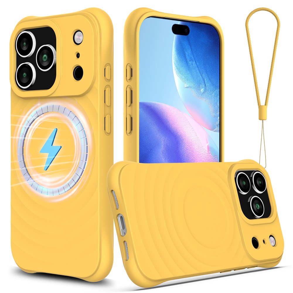 For iPhone 17 Pro Max Case Compatible with MagSafe Ripple Texture Liquid Silicone Protective Cover with Strap - Yellow