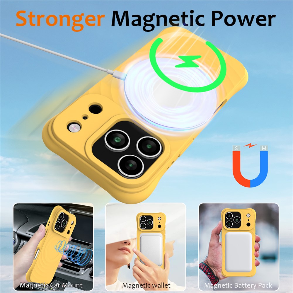For iPhone 17 Pro Max Case Compatible with MagSafe Ripple Texture Liquid Silicone Protective Cover with Strap - Yellow