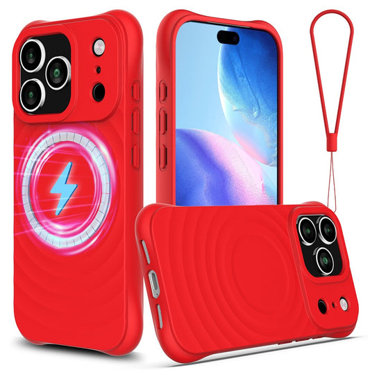 For iPhone 17 Pro Max Case Compatible with MagSafe Ripple Texture Liquid Silicone Protective Cover with Strap - Red