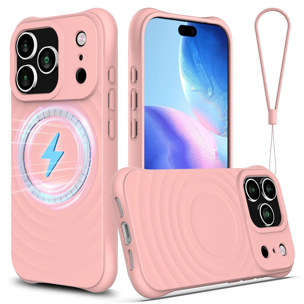 For iPhone 17 Pro Max Case Compatible with MagSafe Ripple Texture Liquid Silicone Protective Cover with Strap - Pink