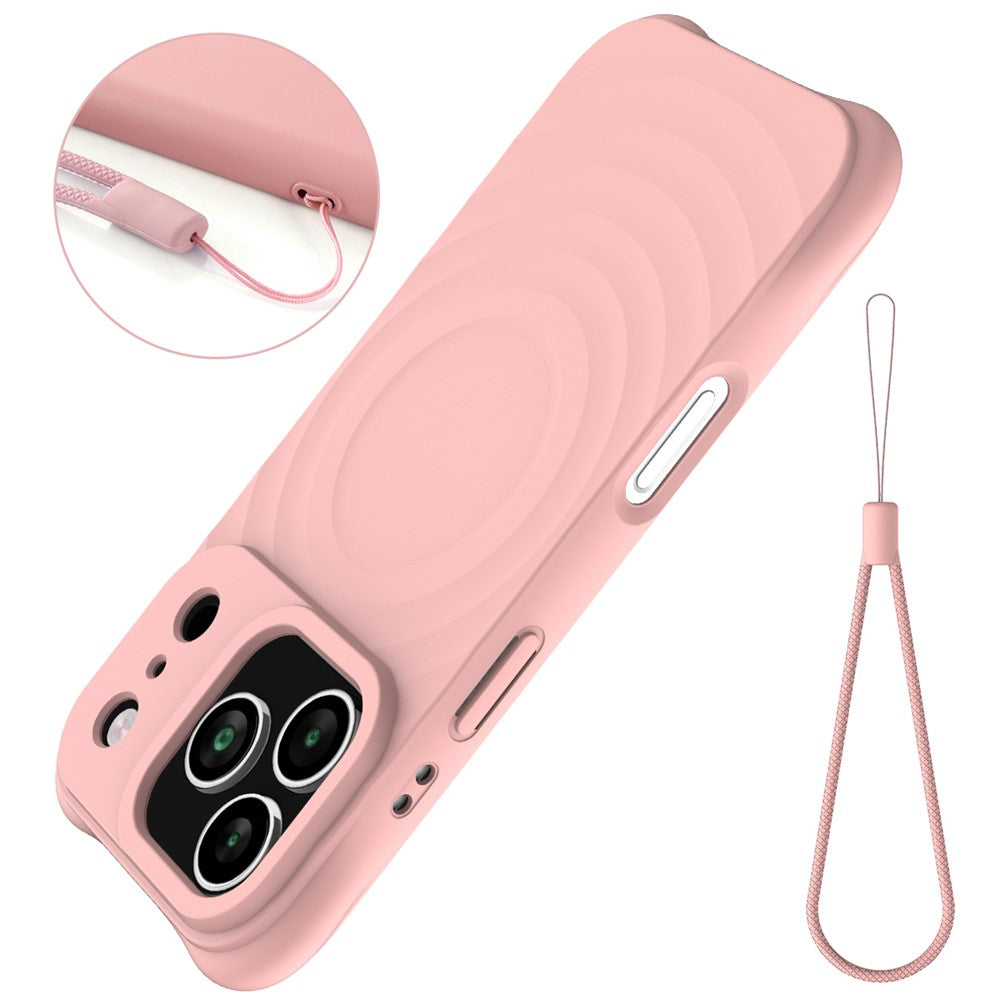 For iPhone 17 Pro Max Case Compatible with MagSafe Ripple Texture Liquid Silicone Protective Cover with Strap - Pink