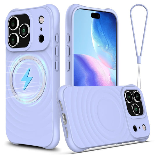 For iPhone 17 Pro Max Case Compatible with MagSafe Ripple Texture Liquid Silicone Protective Cover with Strap - Purple