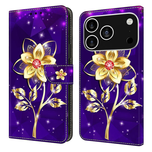 For iPhone 17 Pro Max Wallet Case Pattern Printing PU Leather Flip Stand Phone Cover - Golden Flowers on Purple