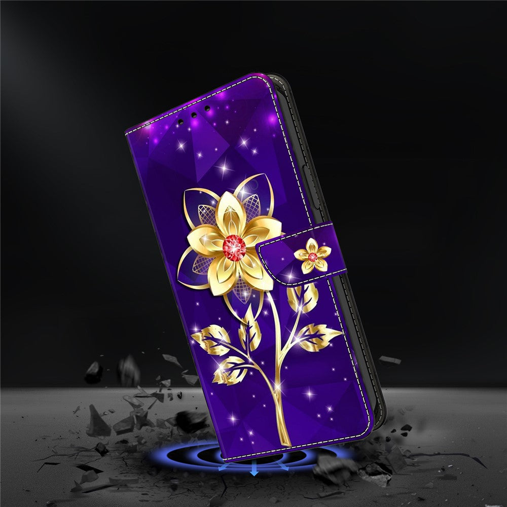 For iPhone 17 Pro Max Wallet Case Pattern Printing PU Leather Flip Stand Phone Cover - Golden Flowers on Purple