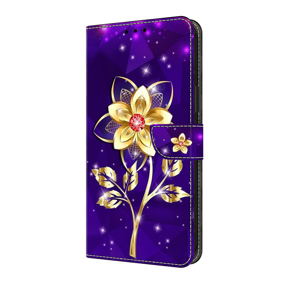 For iPhone 17 Pro Max Wallet Case Pattern Printing PU Leather Flip Stand Phone Cover - Golden Flowers on Purple