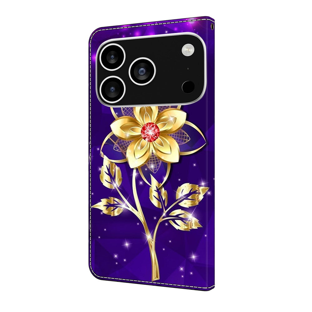 For iPhone 17 Pro Max Wallet Case Pattern Printing PU Leather Flip Stand Phone Cover - Golden Flowers on Purple