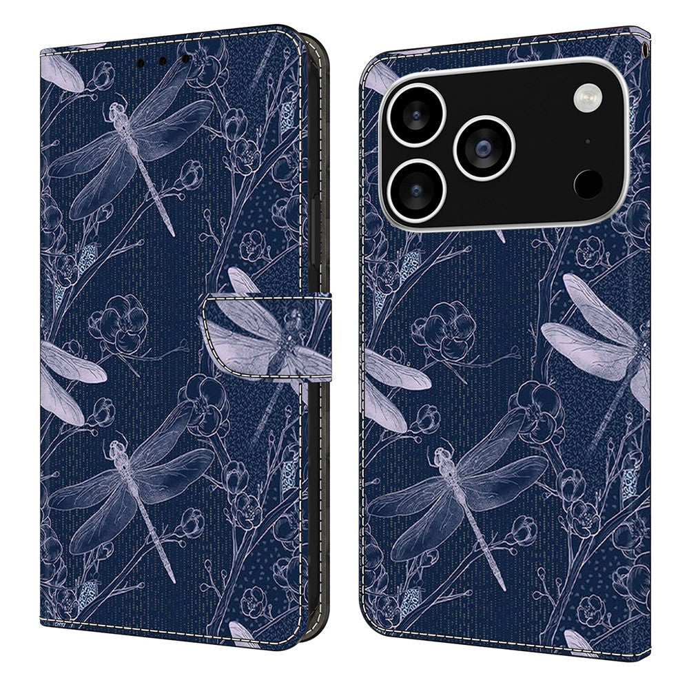 For iPhone 17 Pro Max Wallet Case Pattern Printing PU Leather Flip Stand Phone Cover - Dragonfly