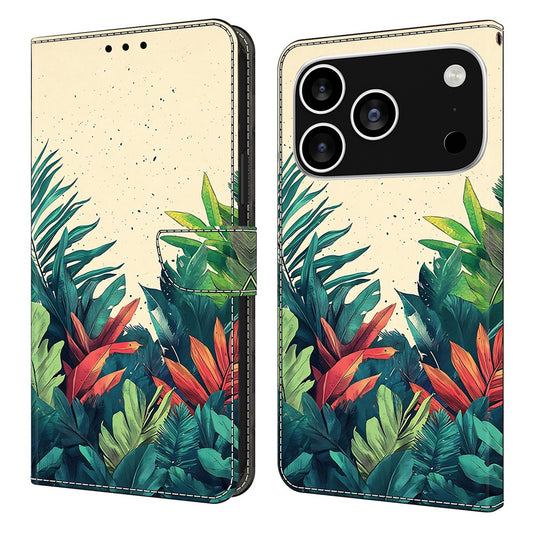For iPhone 17 Pro Max Wallet Case Pattern Printing PU Leather Flip Stand Phone Cover - Leaves