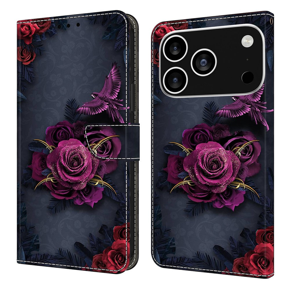 For iPhone 17 Pro Max Wallet Case Pattern Printing PU Leather Flip Stand Phone Cover - Bright Purple Flowers
