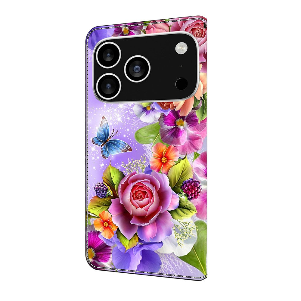 For iPhone 17 Pro Max Wallet Case Pattern Printing PU Leather Flip Stand Phone Cover - Flowers