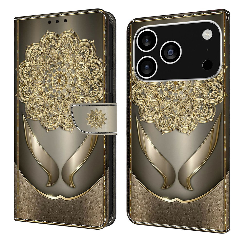 For iPhone 17 Pro Max Wallet Case Pattern Printing PU Leather Flip Stand Phone Cover - Shining Golden Flowers