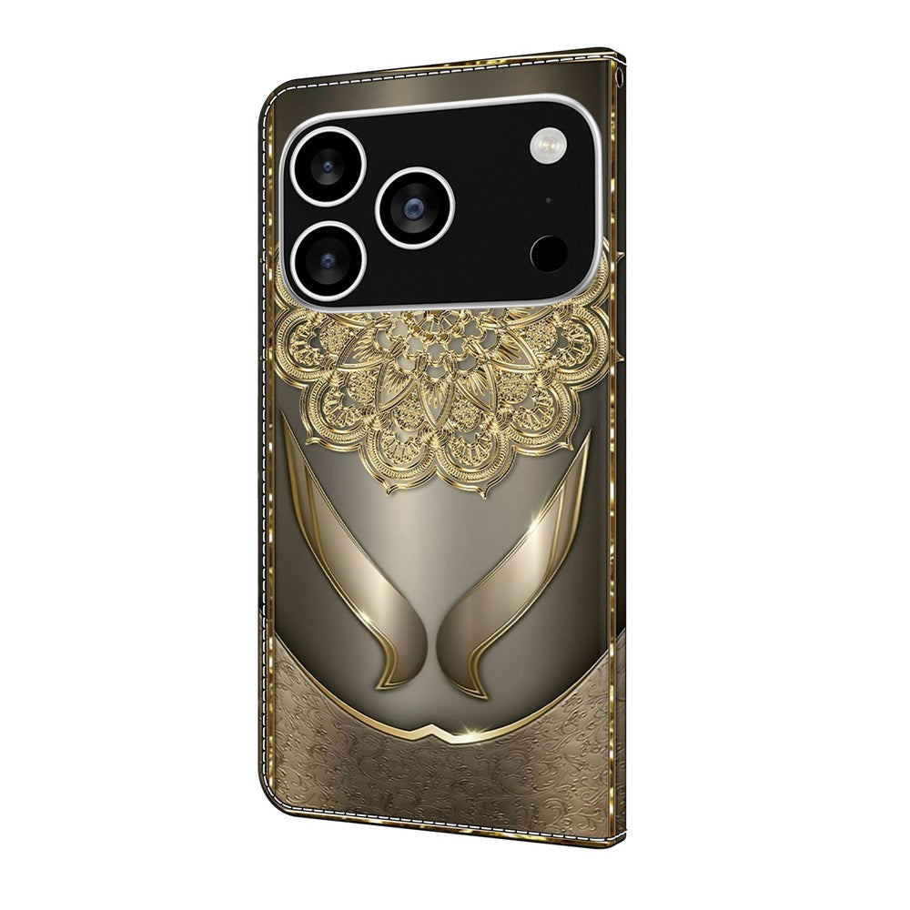 For iPhone 17 Pro Max Wallet Case Pattern Printing PU Leather Flip Stand Phone Cover - Shining Golden Flowers