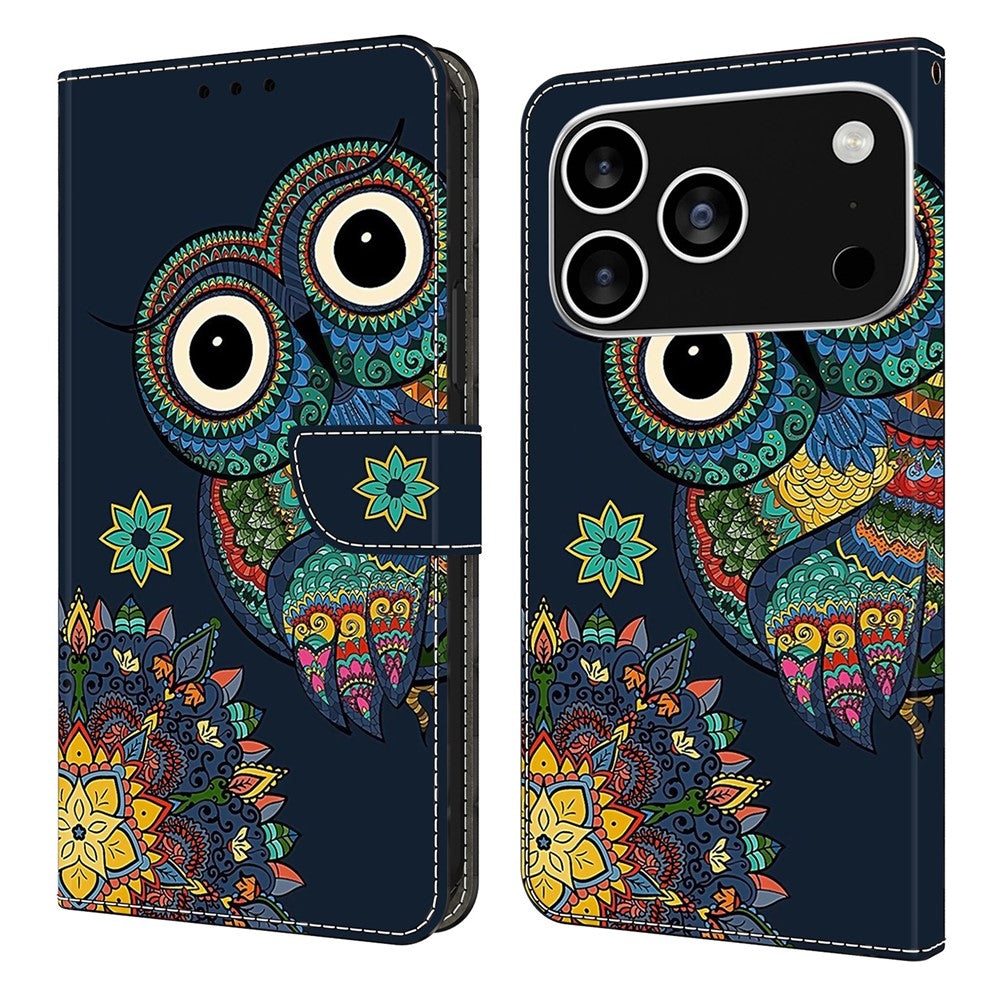 For iPhone 17 Pro Max Wallet Case Pattern Printing PU Leather Flip Stand Phone Cover - Mandala Owl