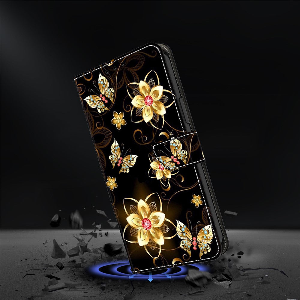 For iPhone 17 Pro Max Wallet Case Pattern Printing PU Leather Flip Stand Phone Cover - Golden Flowers and Butterflies