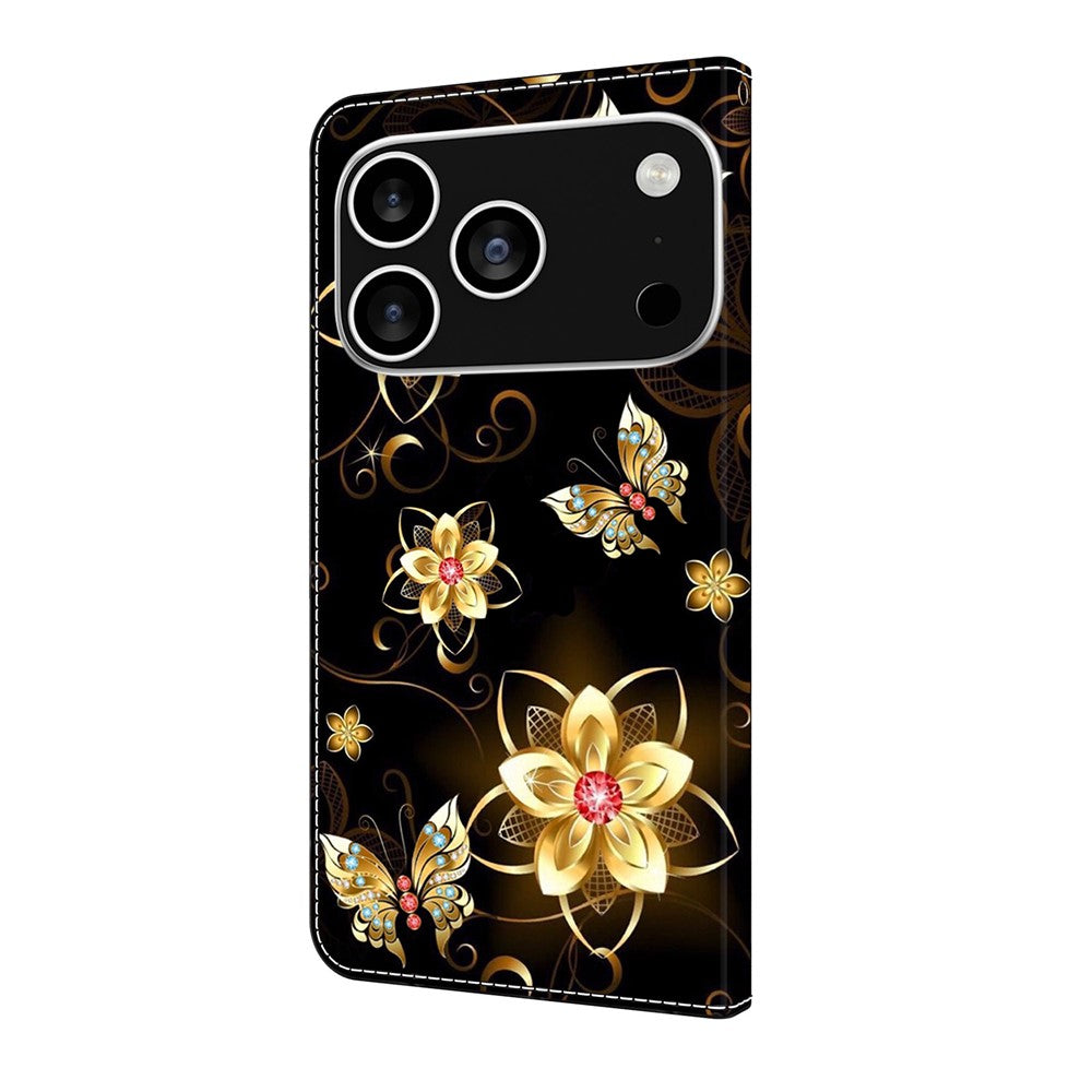 For iPhone 17 Pro Max Wallet Case Pattern Printing PU Leather Flip Stand Phone Cover - Golden Flowers and Butterflies