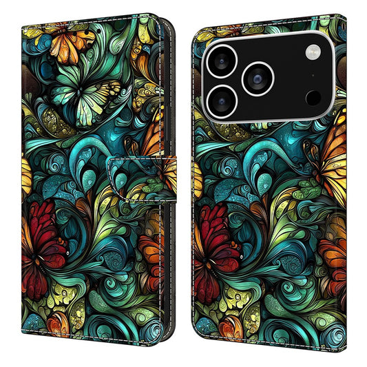For iPhone 17 Pro Max Wallet Case Pattern Printing PU Leather Flip Stand Phone Cover - Watercolor Flowers and Plants