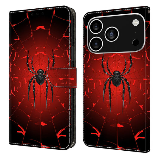 For iPhone 17 Pro Max Wallet Case Pattern Printing PU Leather Flip Stand Phone Cover - Black Spider