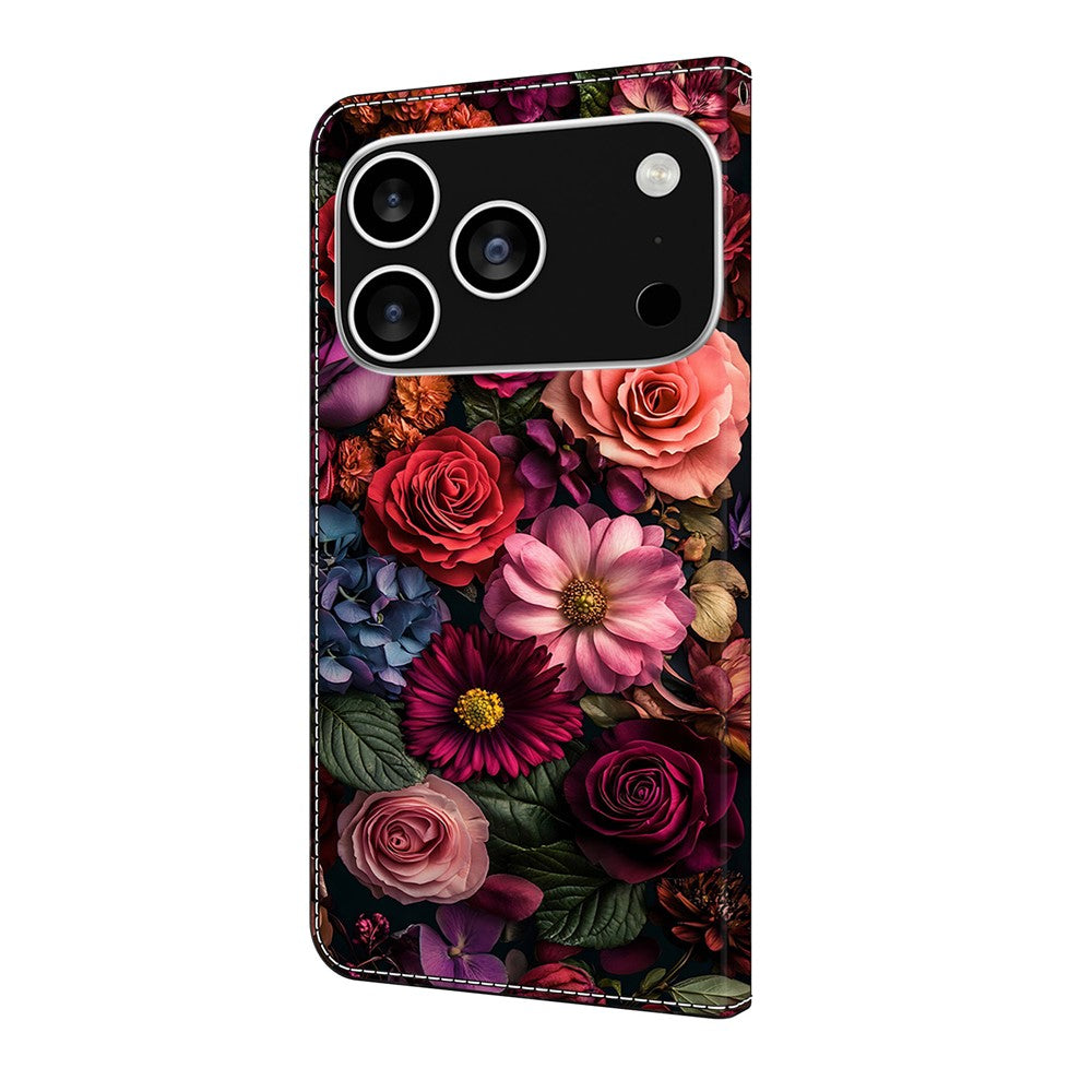 For iPhone 17 Pro Max Wallet Case Pattern Printing PU Leather Flip Stand Phone Cover - Floral