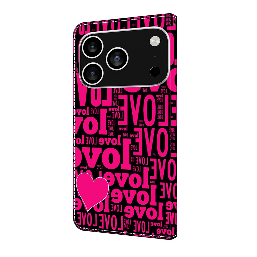 For iPhone 17 Pro Max Wallet Case Pattern Printing PU Leather Flip Stand Phone Cover - LOVE