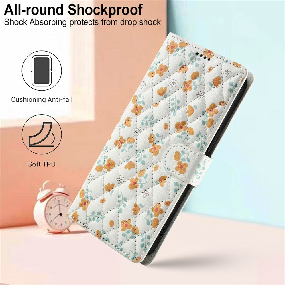 For iPhone 17 Pro Max Wallet Case Rhombic Floral Design Leather Flip Phone Cover with Strap - A3