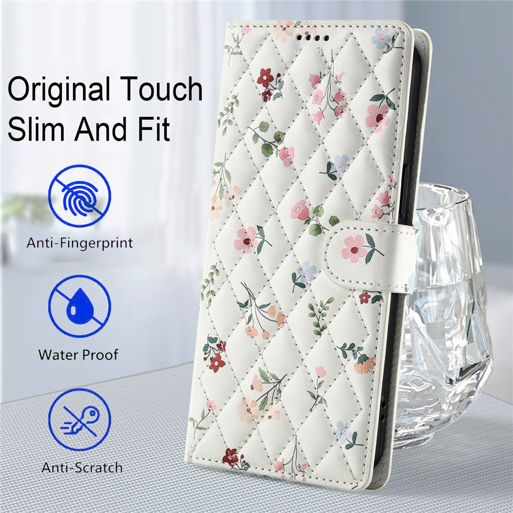 For iPhone 17 Pro Max Wallet Case Rhombic Floral Design Leather Flip Phone Cover with Strap - A1