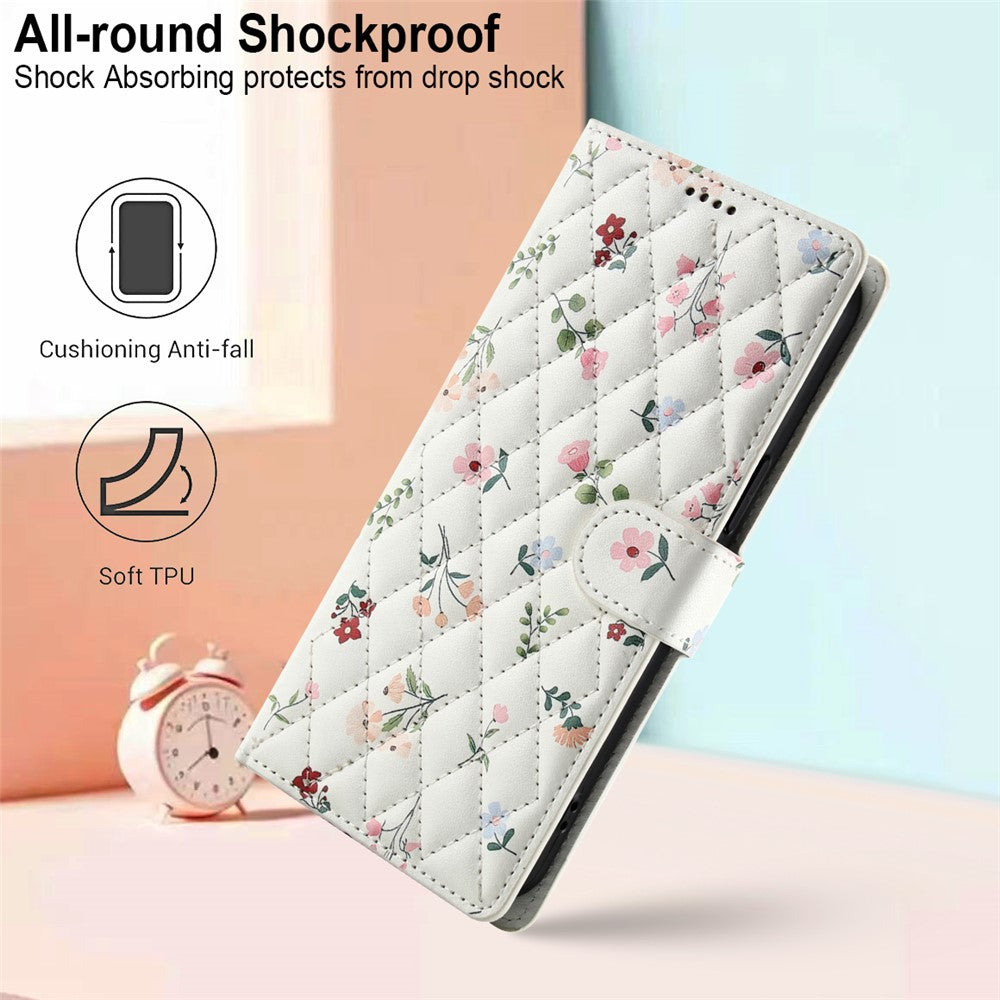 For iPhone 17 Pro Max Wallet Case Rhombic Floral Design Leather Flip Phone Cover with Strap - A1