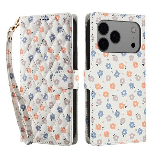 For iPhone 17 Pro Max Wallet Case Rhombic Floral Design Leather Flip Phone Cover with Strap - A4