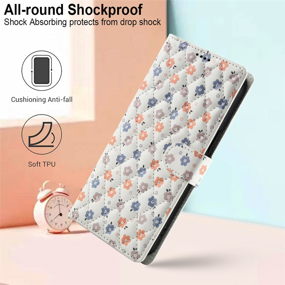 For iPhone 17 Pro Max Wallet Case Rhombic Floral Design Leather Flip Phone Cover with Strap - A4