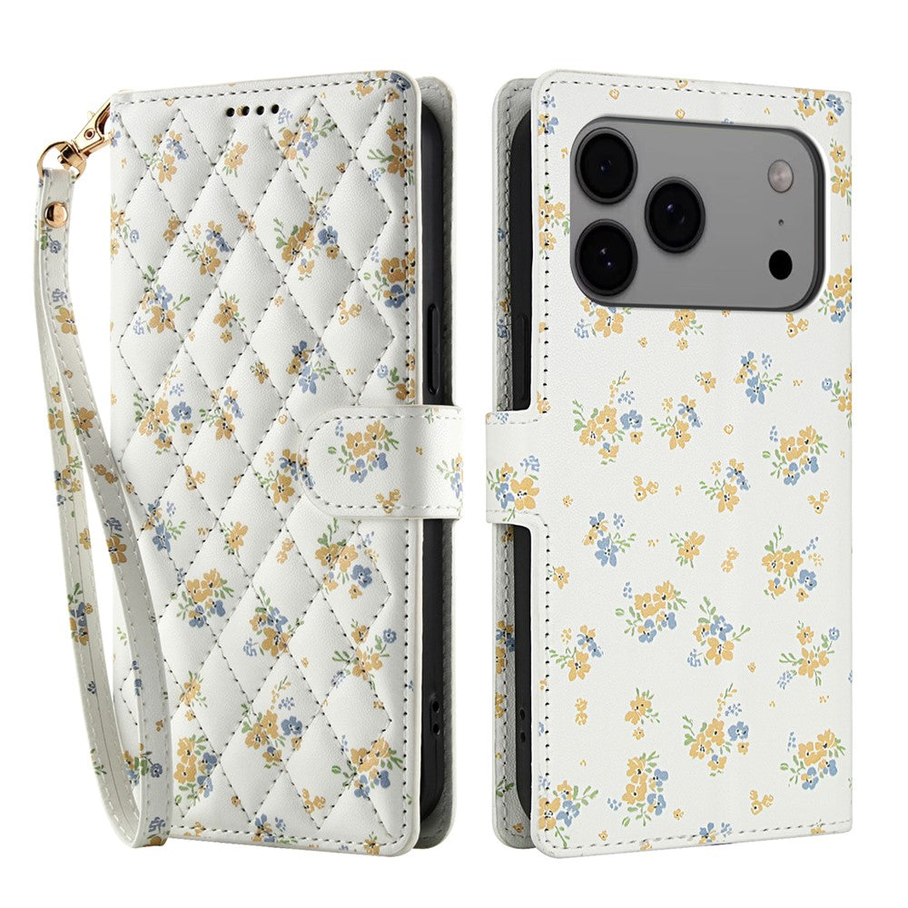 For iPhone 17 Pro Max Wallet Case Rhombic Floral Design Leather Flip Phone Cover with Strap - A5