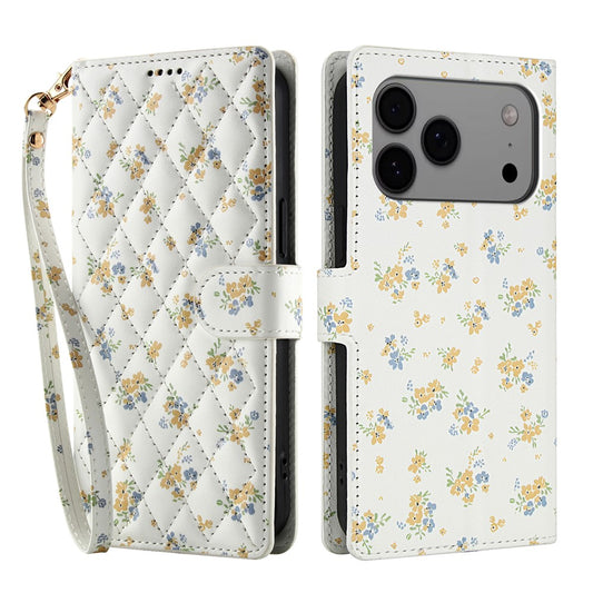For iPhone 17 Pro Max Wallet Case Rhombic Floral Design Leather Flip Phone Cover with Strap - A5