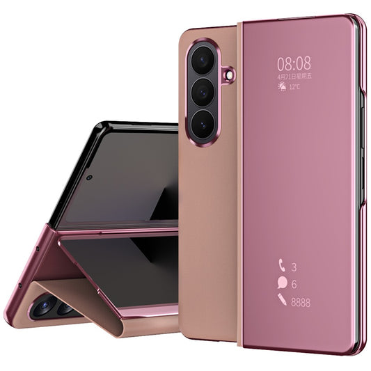 For Samsung Galaxy Z Fold7 5G Case Electroplating View Window Stand Leather Phone Cover - Pink