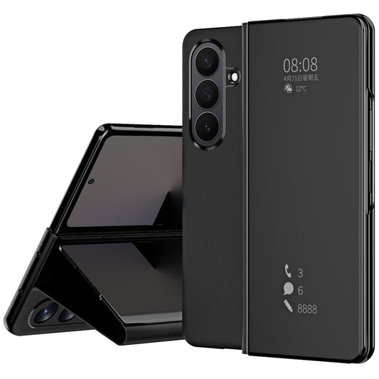For Samsung Galaxy Z Fold7 5G Case Electroplating View Window Stand Leather Phone Cover - Black