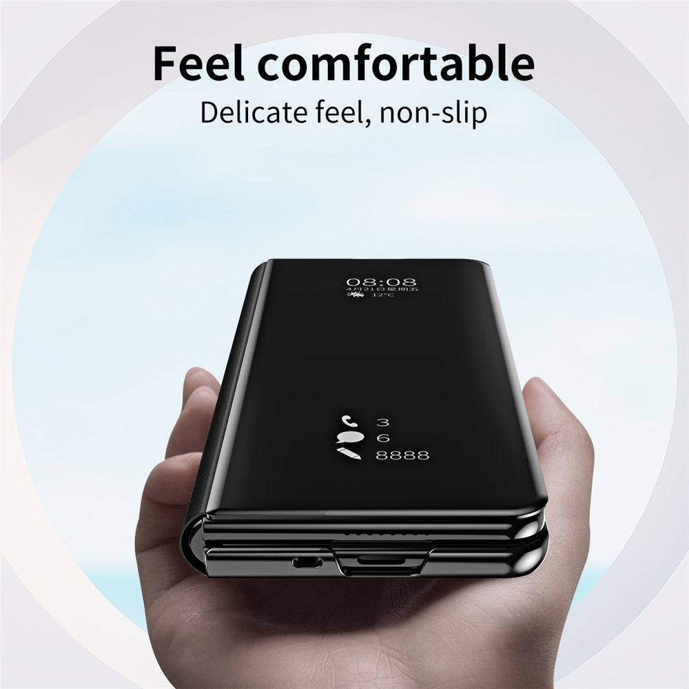 For Samsung Galaxy Z Fold7 5G Case Electroplating View Window Stand Leather Phone Cover - Black