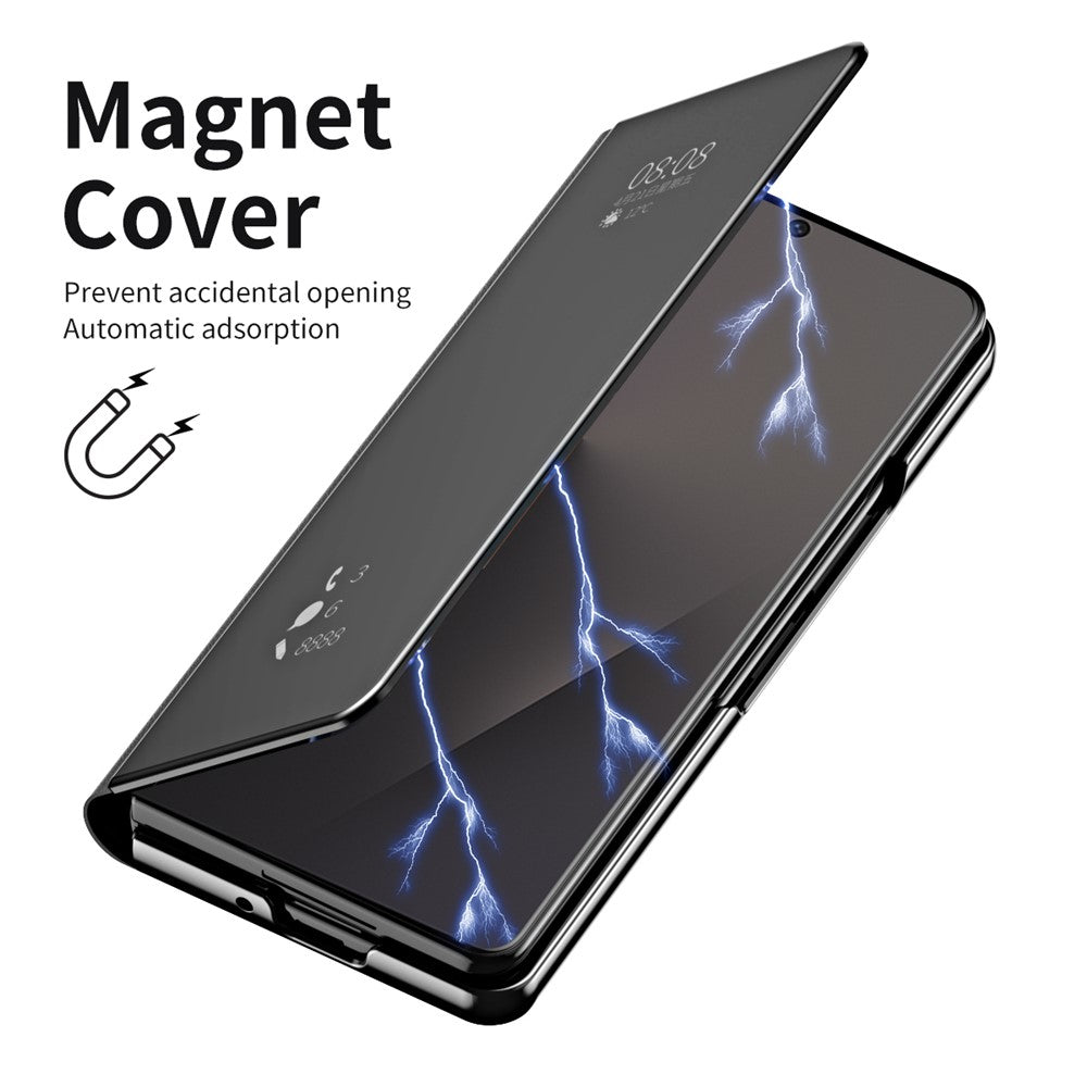For Samsung Galaxy Z Fold7 5G Case Electroplating View Window Stand Leather Phone Cover - Black