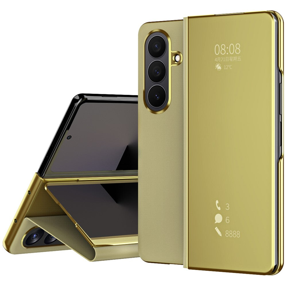 For Samsung Galaxy Z Fold7 5G Case Electroplating View Window Stand Leather Phone Cover - Gold