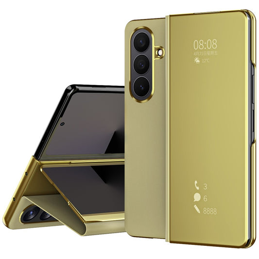 For Samsung Galaxy Z Fold7 5G Case Electroplating View Window Stand Leather Phone Cover - Gold