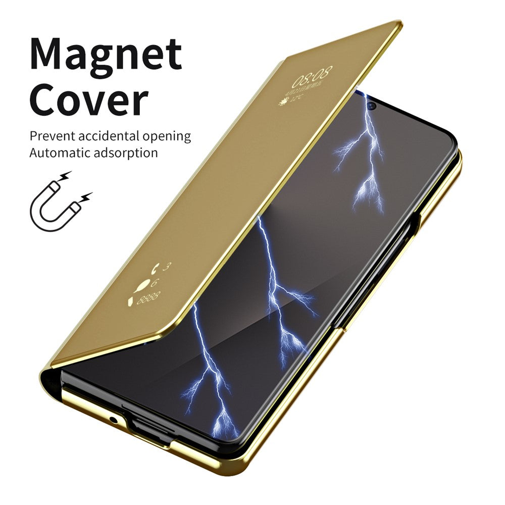 For Samsung Galaxy Z Fold7 5G Case Electroplating View Window Stand Leather Phone Cover - Gold