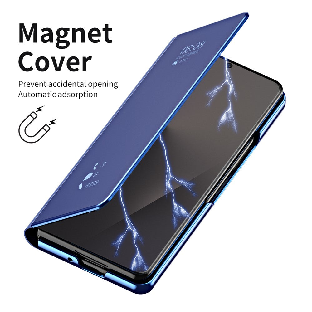 For Samsung Galaxy Z Fold7 5G Case Electroplating View Window Stand Leather Phone Cover - Blue