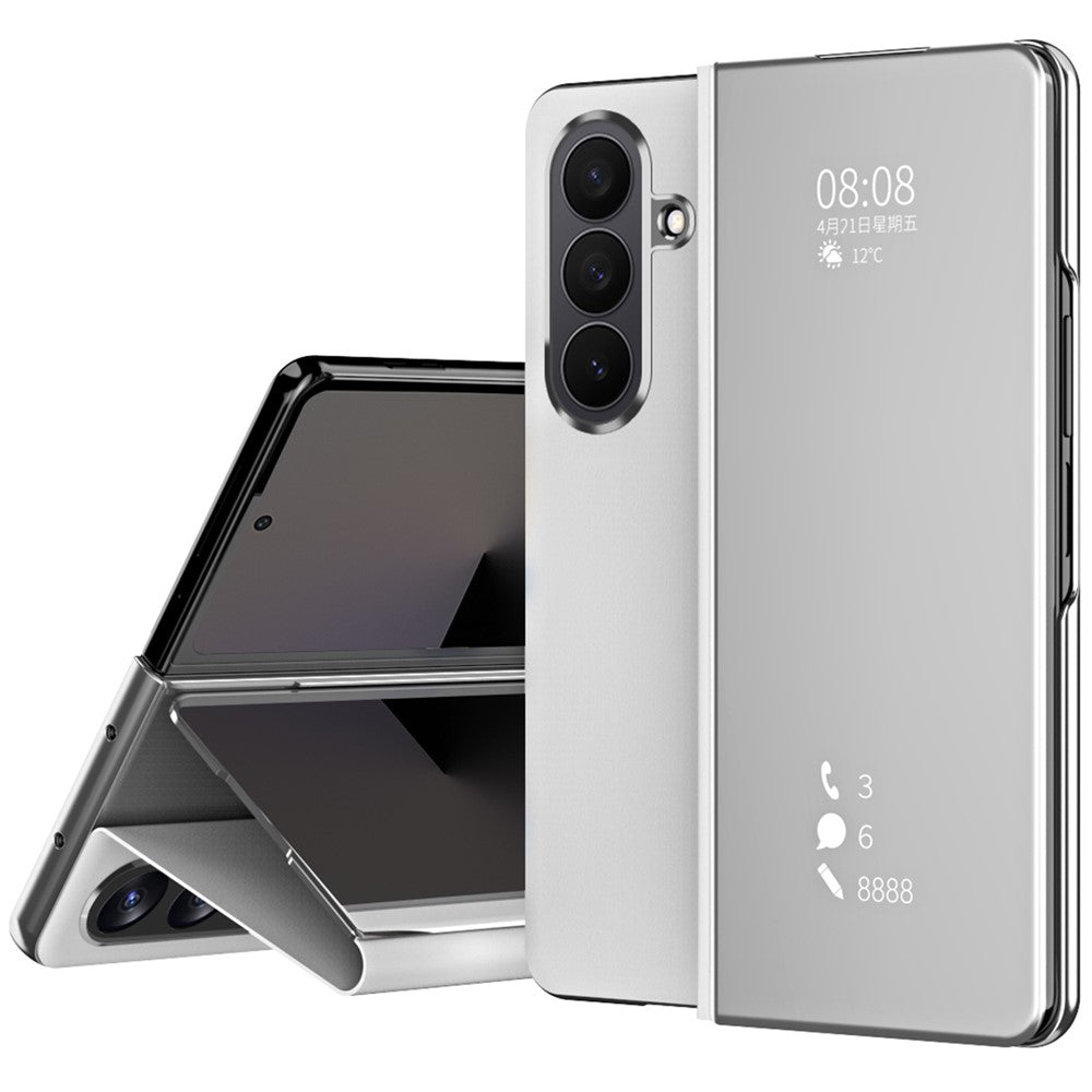 For Samsung Galaxy Z Fold7 5G Case Electroplating View Window Stand Leather Phone Cover - Silver